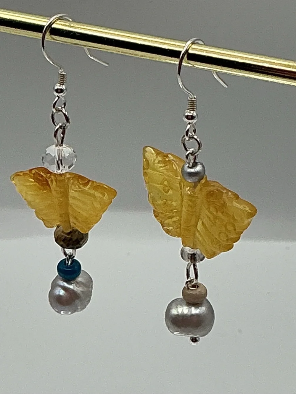 Yellow Amber Butterfly Pearl Drop Earrings